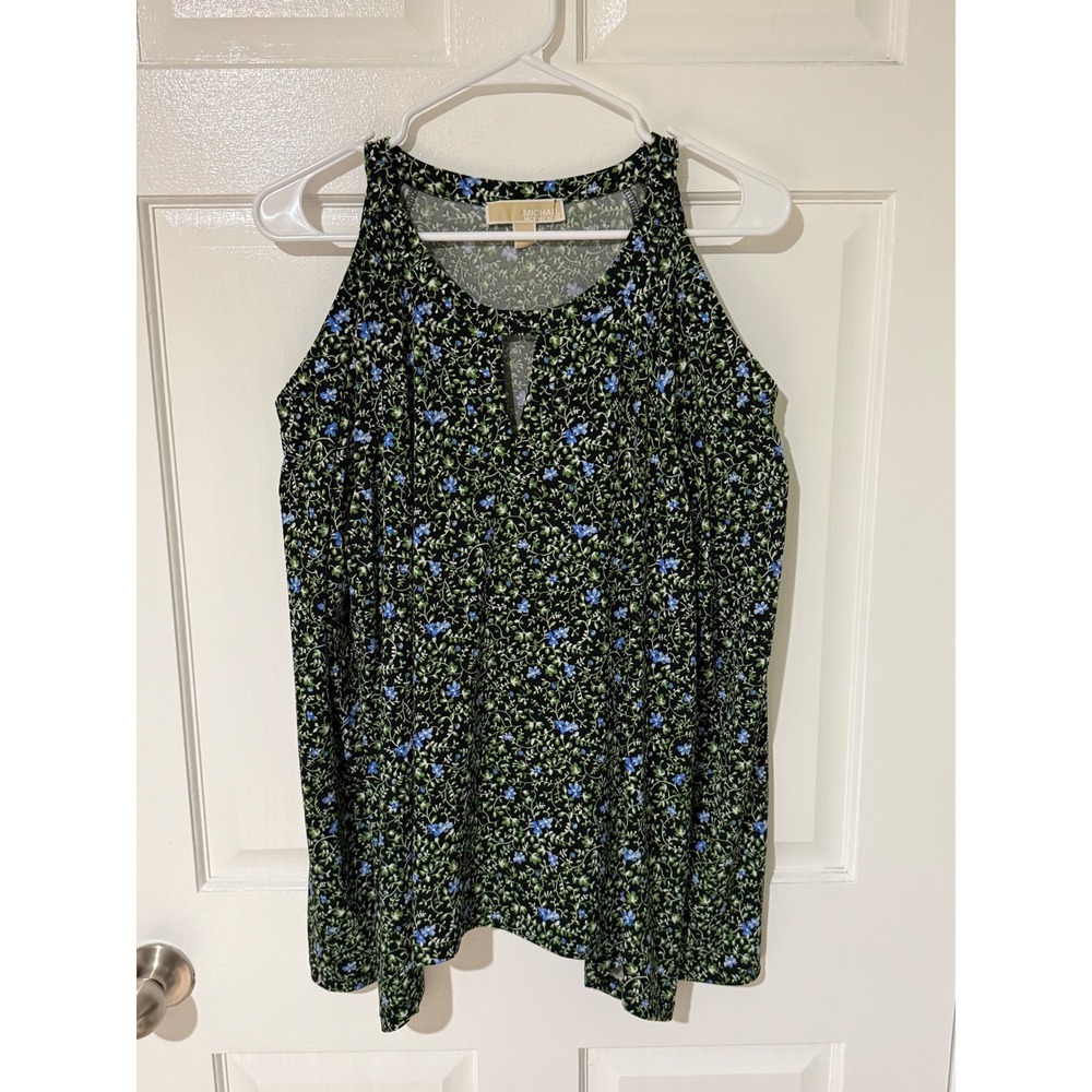 MICHAEL KORS Women Black Floral Cold Shoulder Cutout Keyhole Neck Top Size L